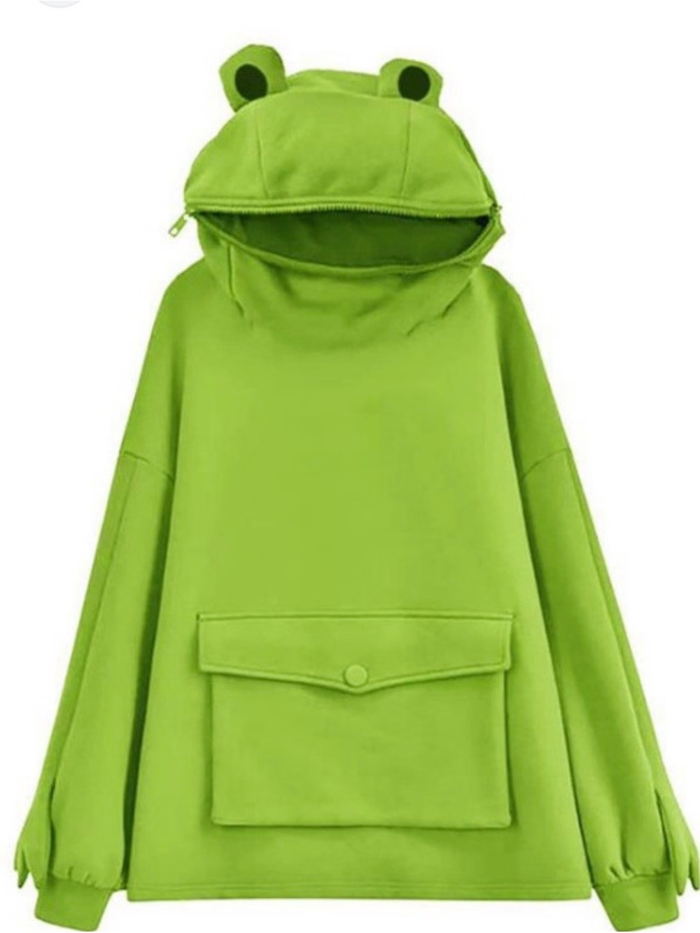 Kawaii Green Frog Novelty Pullover Hoodie Zipper Mouth Cozy Size L